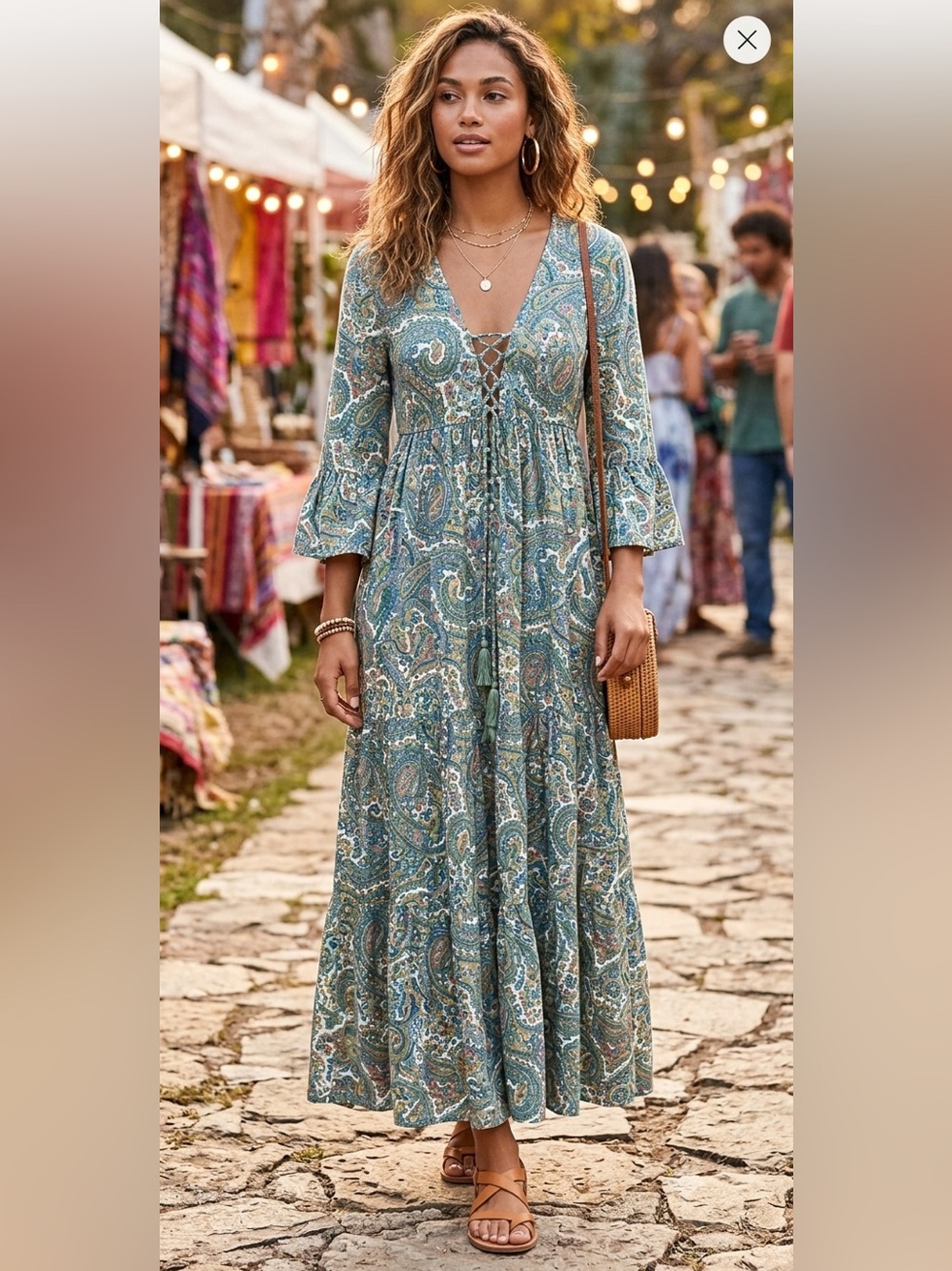 Boemo Paisley Lace-Up Boho Maxi Dress size M